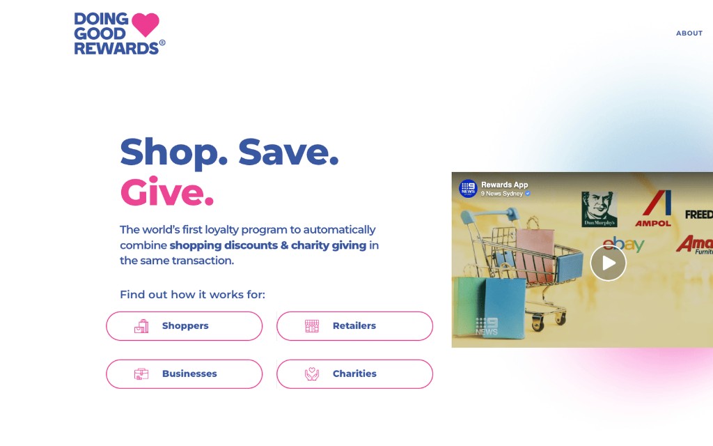 Doing Good Rewards homepage — Shop. Save. Give.