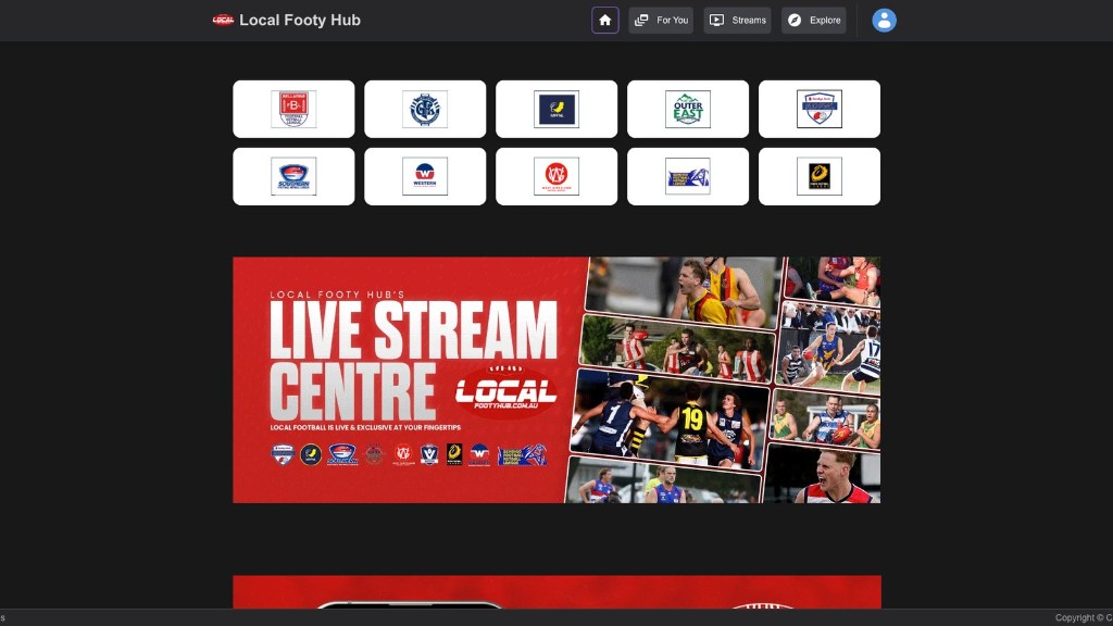 Local Footy Hub — league logos and live stream centre.