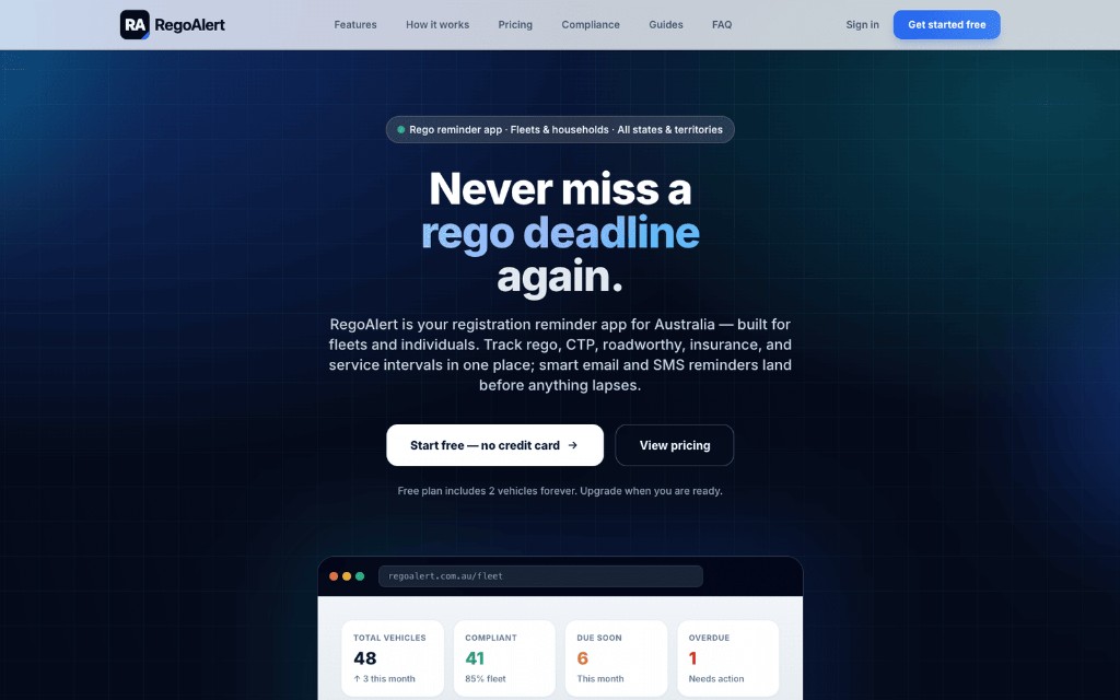RegoAlert homepage — Never miss a rego deadline again.